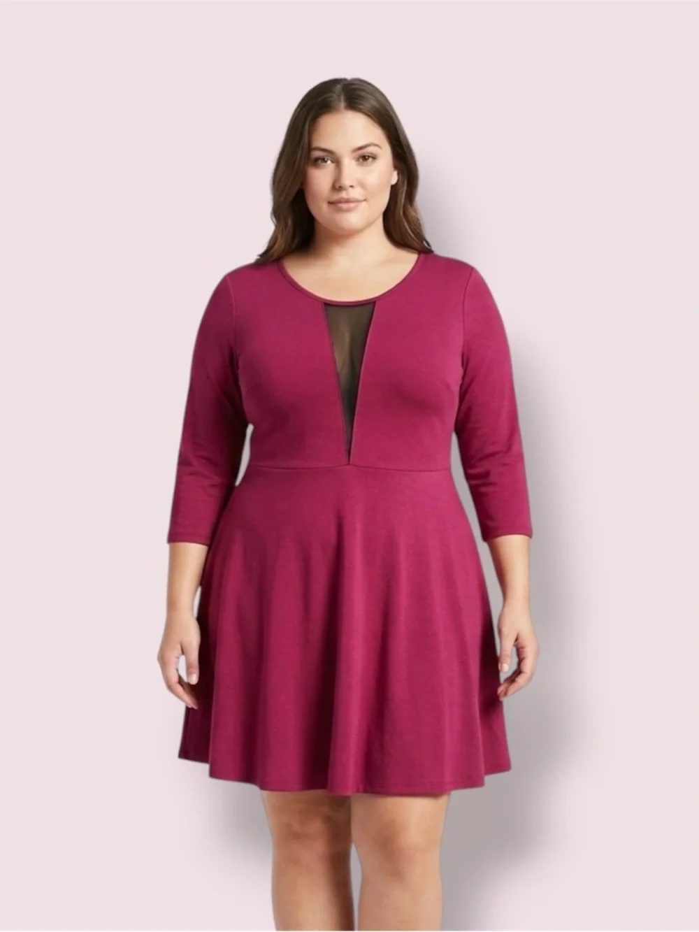Forever 21 Women's Plum Fit-and-Flare Dress with Mesh Inset